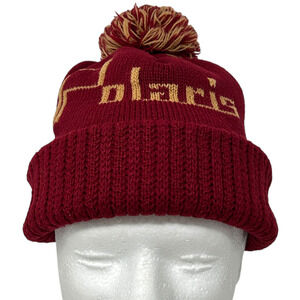 Vintage 70s Polaris Snowmobiles Cuffed Pom Pom Beanie Toque Winter Hat Red